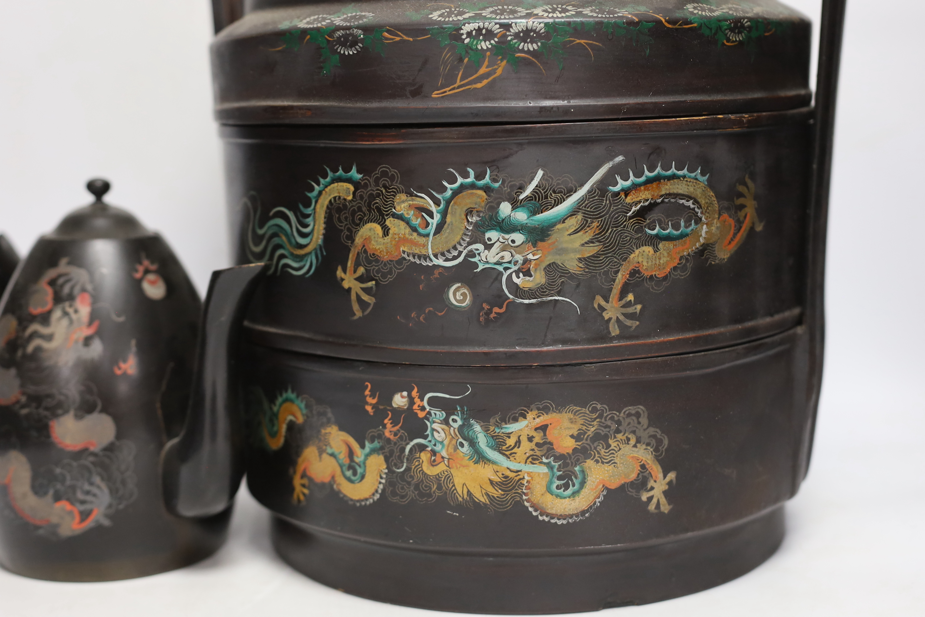 A Chinese Fuzhou 'dragon' wedding basket, 31cm high, together with a similar teaset